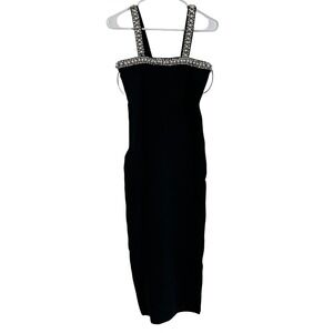 New Camila Coelho Black Ribbed Pearl Crystal Embellished Midi Dress size Small